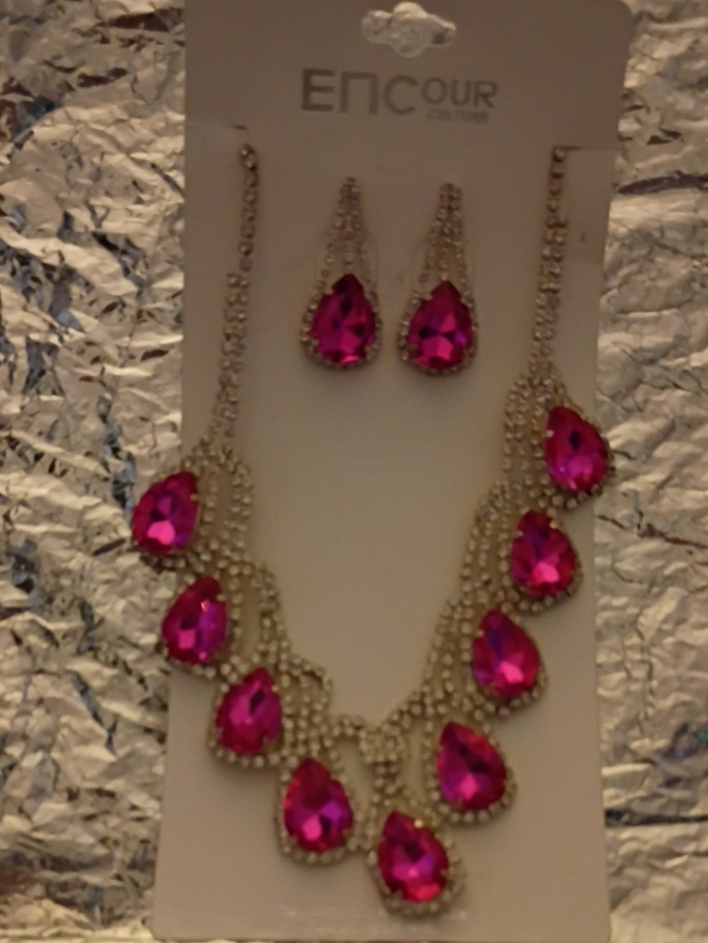 Pink Teardrop Crystal Necklace & Earring Set